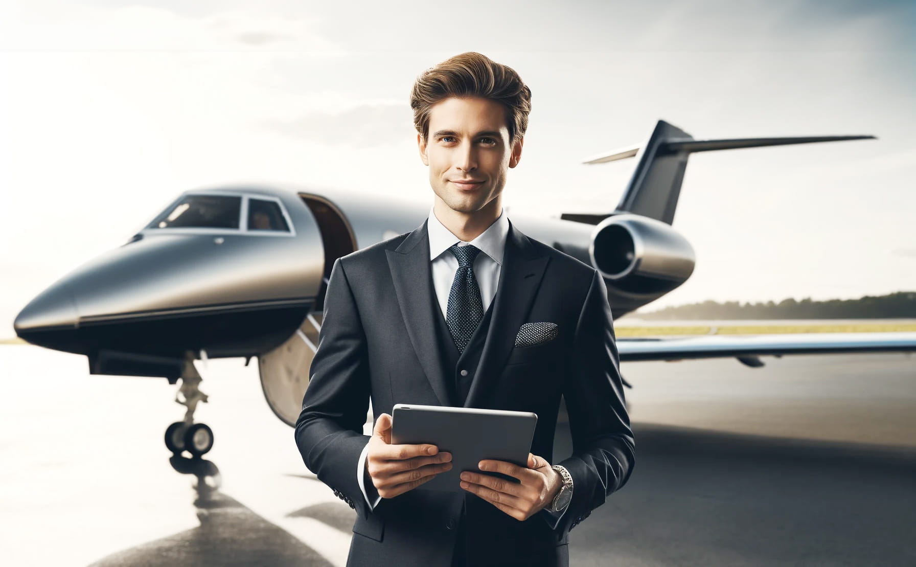 Airport VIP service personnel holding an iPad standingin front of a private jet