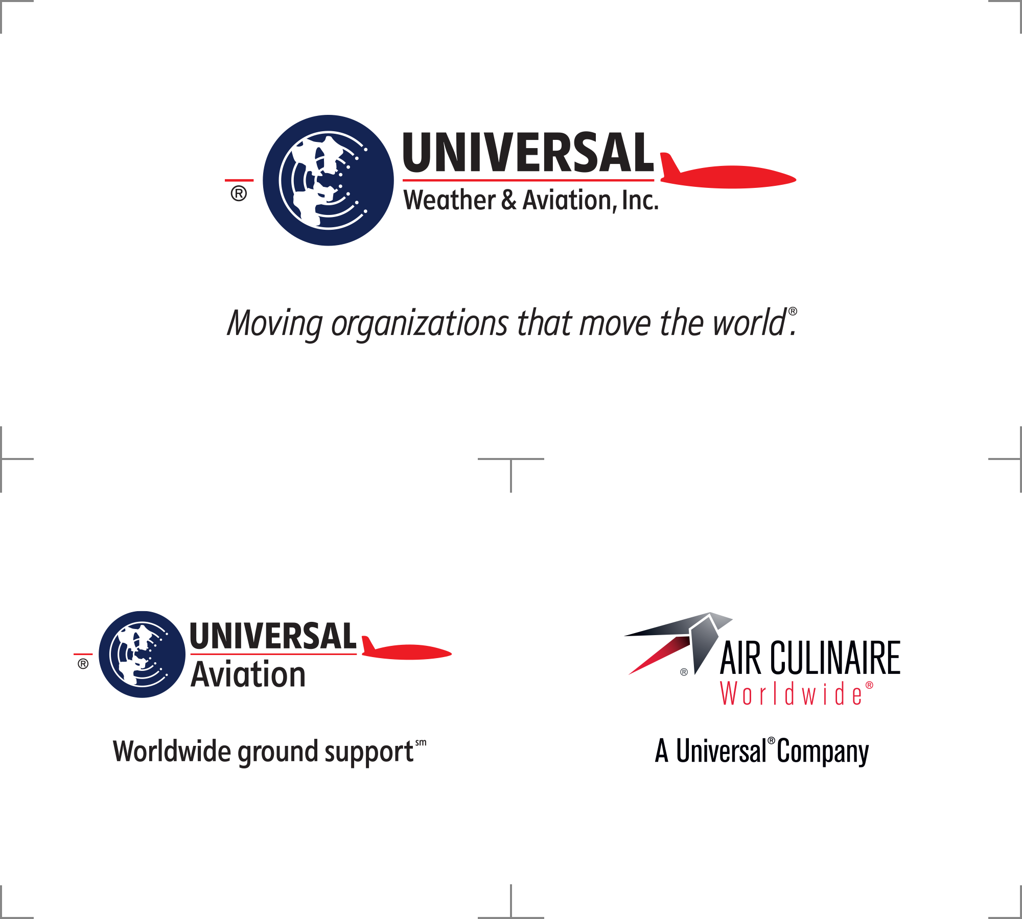 Top row: Universal Weather and Aviation, Inc. logo. Bottom row: Universal Aviation logo, and Air Culinaire Worldwide logo